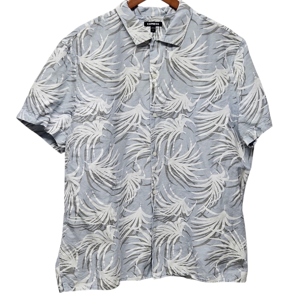Express Button Up Short Sleeves Shirt Mens XL Palm Leaves Linen Blend Tropical